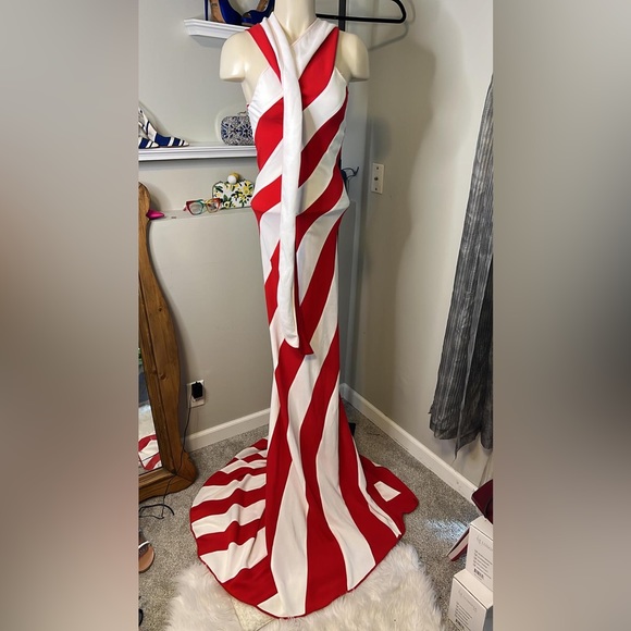 Professional White and Red Long Dress - V Neck - Picture 9 of 10